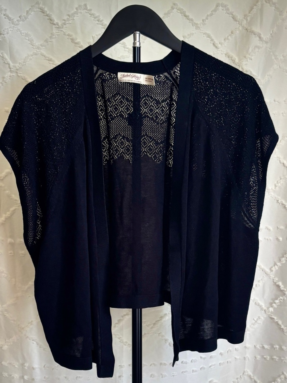 Y2K Plus Size Black Open Knit Cardigan 3X Lightweight Sheer Crochet Boho Layer - Picture 1 of 5